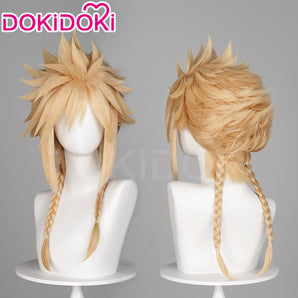 DokiDoki Game Cosplay Clloud Wig Short Straight Blonde Hair Double Ponytail Braid Dress