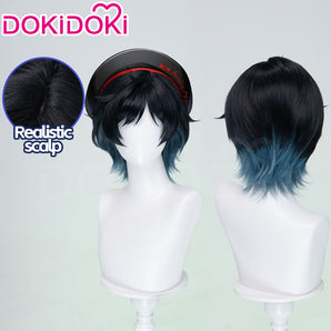 DokiDoki Game Cosplay Wig Short Straight Black Green Gradient Hair Snow