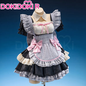 【Size XS-2XL】DokiDoki-R Anime Cosplay Costume Gray Gingham Lolita Pink Bows Maid Dress