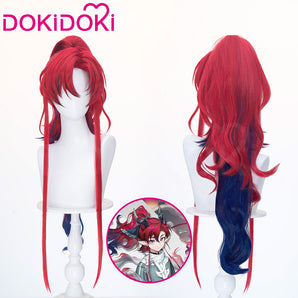 DokiDoki Game Arknights Cosplay Yu Wig Long Curly Red Dark Blue Hair Ponytail