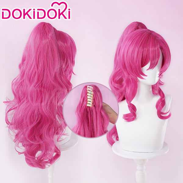 DokiDoki Anime Cosplay Wig Long Curly Pink Hair Ponytail