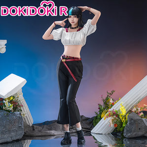 【Ready For Ship】【Size S-2XL】Dokidoki-R Anime Cosplay Costume White Off-Shoulder Crop Top Black Jeans