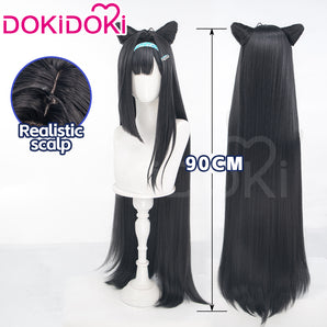 DokiDoki Game Cosplay Wig Long Straight Black Hair Detachable Buns