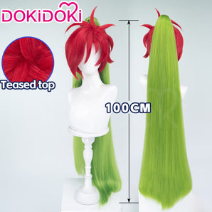 DokiDoki Anime Cosplay Wig Long Straight Red Green Hair Detachable Braids