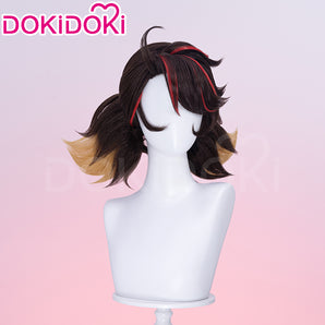 Dokidoki Game Cosplay Woman Wig Short Curly Black Hair Light Brown Red Highlights