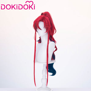 DokiDoki Game Arknights Cosplay Yu Wig Long Curly Red Dark Blue Hair Ponytail