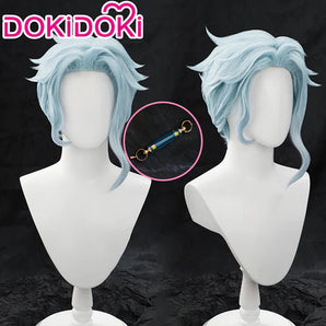 【Ready For Ship】DokiDoki Game Genshin Impact Fatui Harbinger Cosplay Il Dottore Wig / Earrings Short Curly Blue