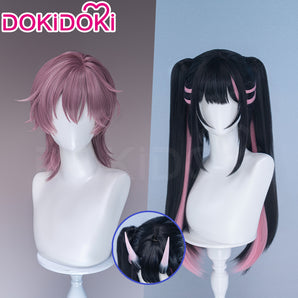 【Partially Ready For Ship】DokiDoki Anime Cosmic Princess Kaguya! Cosplay Komazawa Noi Wig Long Straight Black Pink Purple Highlight Hair Twin Tails /  Horn Accessory