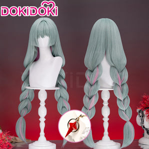 【Partially Ready For Ship】DokiDoki Game Wuthering Waves Cosplay Phrolova Wig / Ear Clips Long Green Hair Pink Highlights Double Ponytails
