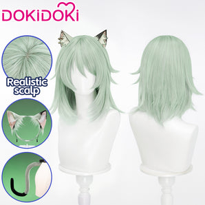 【Wig Ready For Ship】DokiDoki Anime Chainsmoker Cat Cosplay Sato Yaniko Wig / Ears / Tail Short Curly Pale Green Hair Yani Neko