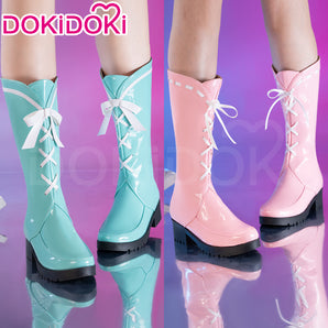 DokiDoki Anime Cosplay Shoes Green /Pink Shoes High Heels Boots White Bow